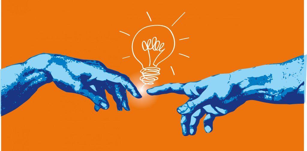 orange background blue hands touching light bulb