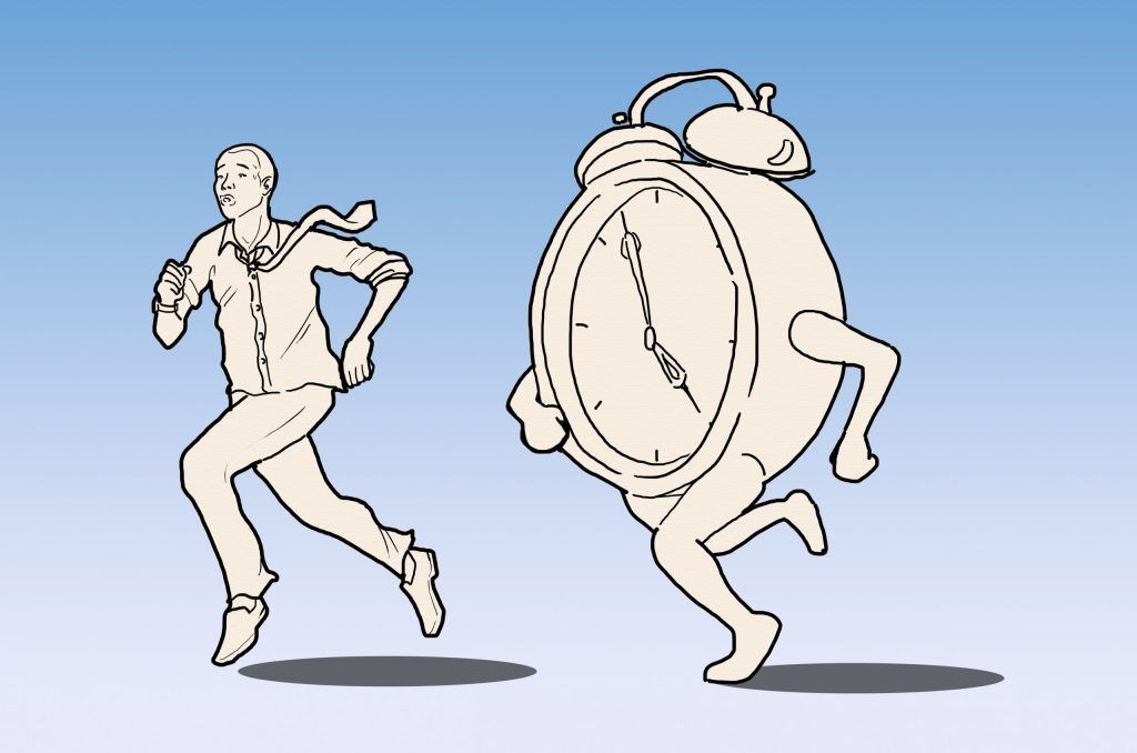 clock with arms and legs chasing after man with tie
